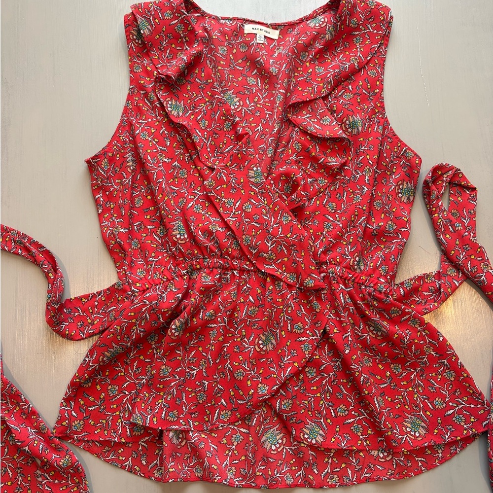Max Studio Red Floral Ruffle Wrap Camisole